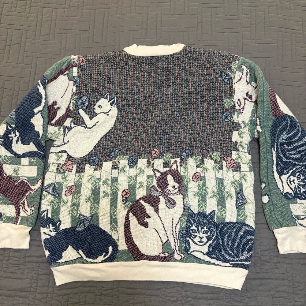 VINTAGE Sugar Street Weavers Sweatshirt Cat Tapestry Crewneck Kitty Sweater - Picture 2 of 16